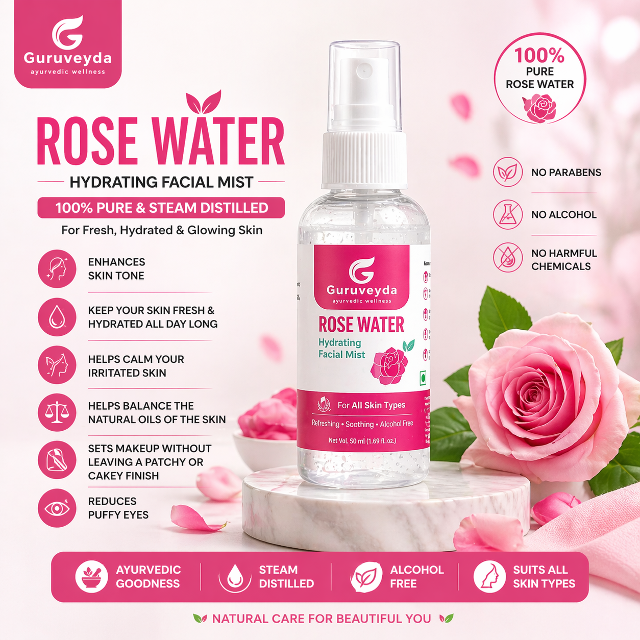 Guruveyda Pure Rose Water Spray (100% Steam Distilled)