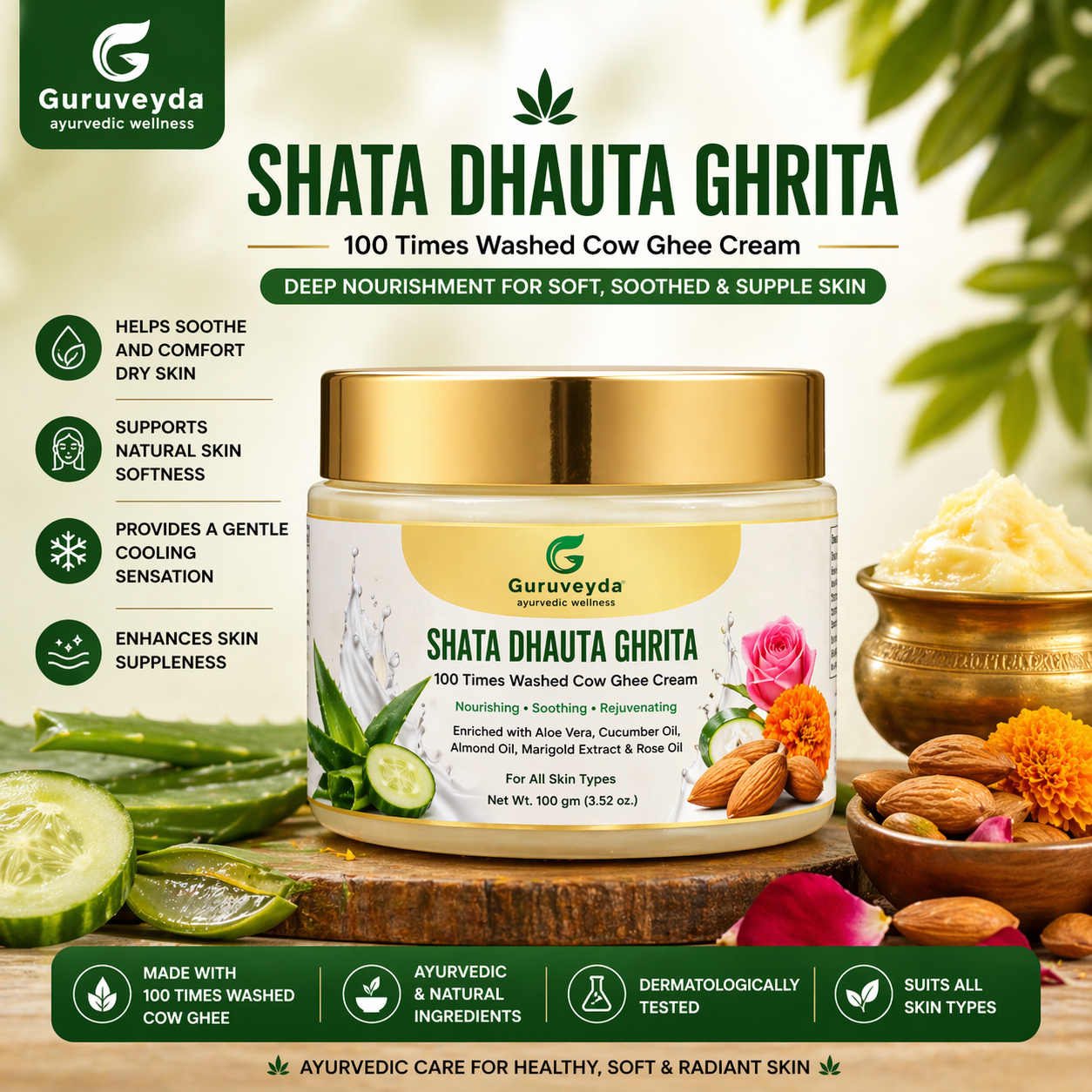 Guruveyda Shata Dhauta Ghrita – Ayurvedic Skin Repair & Nourishing Cream